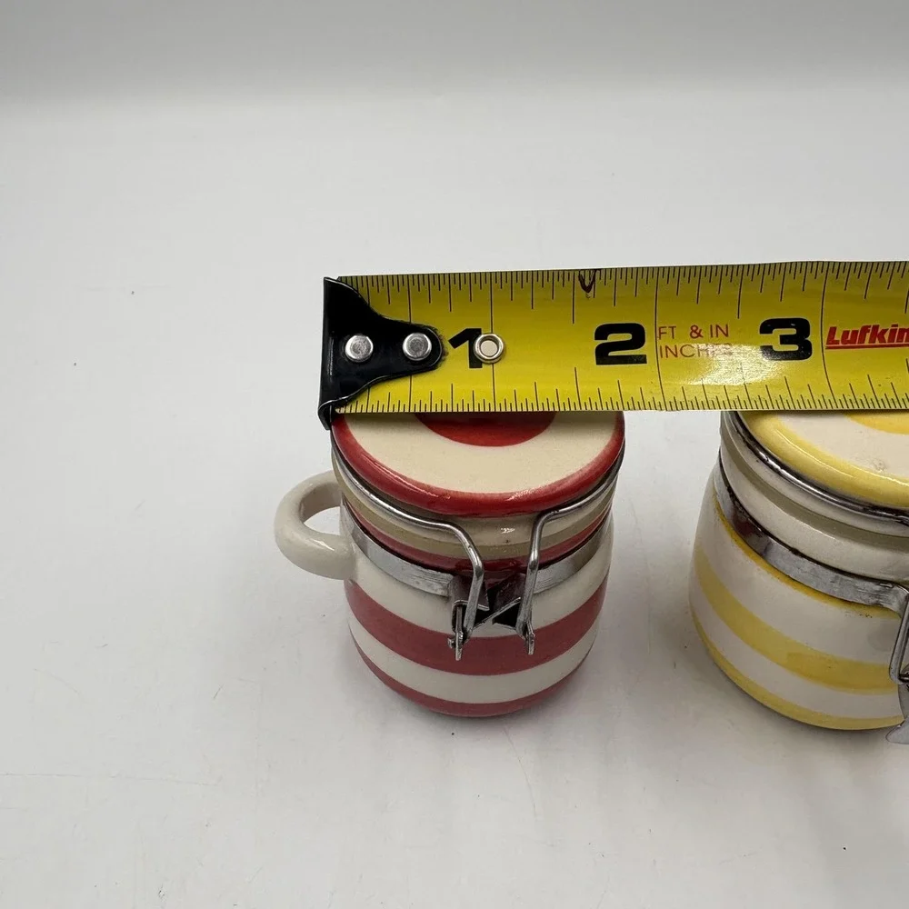 Striped Ceramic Jam Jars Set Of 2 Red‎ Yellow Clamp Lid Airtight Kitchen Storage